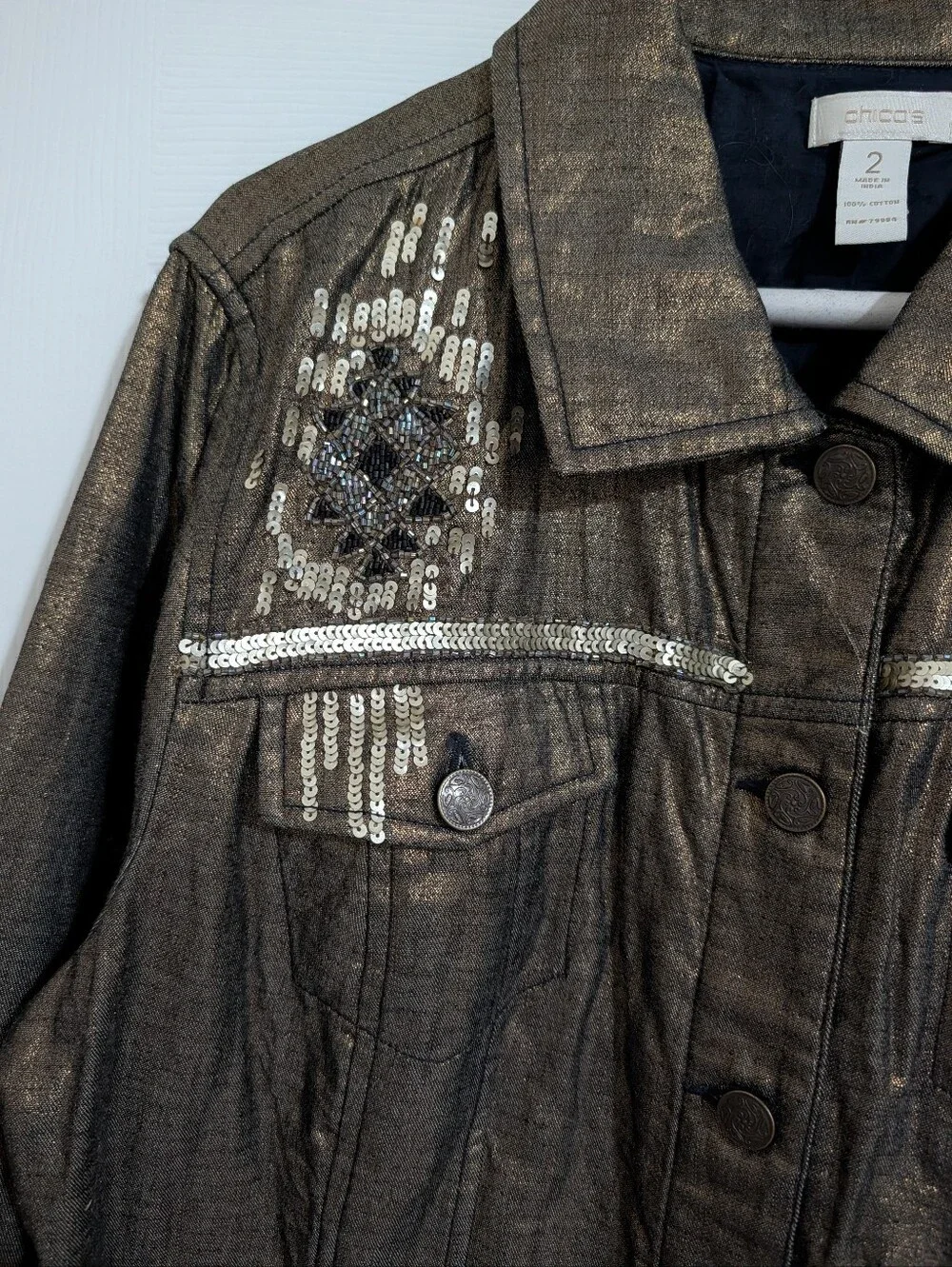 Chico's Metallic Embellished Button Front Jacket Bronze Bedazzled Women's Large